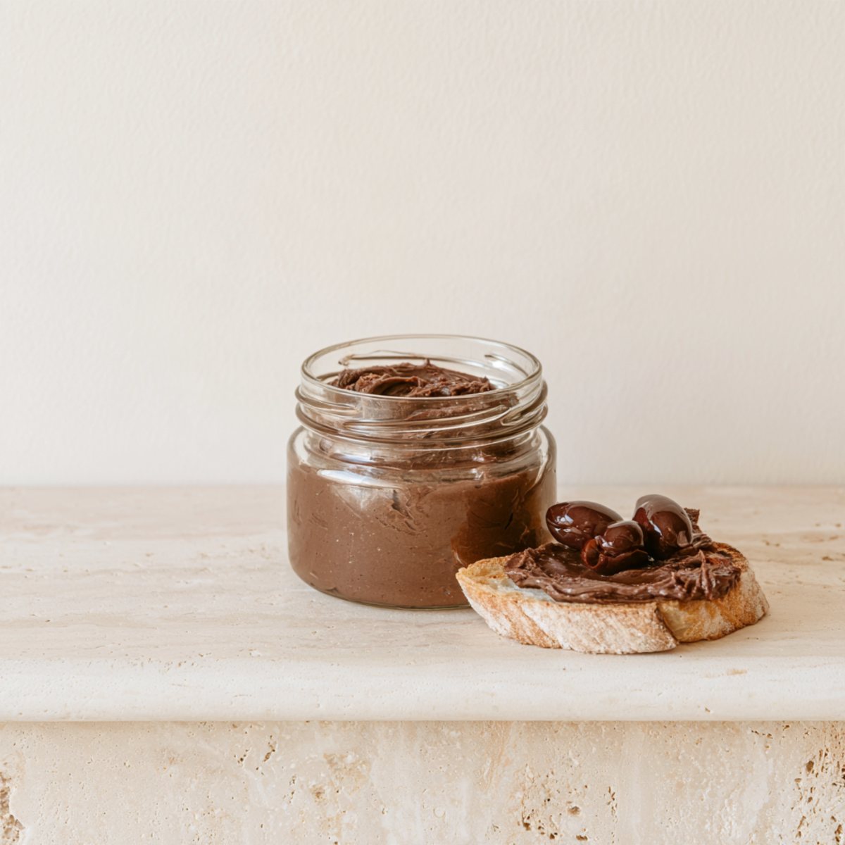 Pâté z czarnych oliwek w szklanym słoiku, obok grzanka z pâté i czarne oliwki